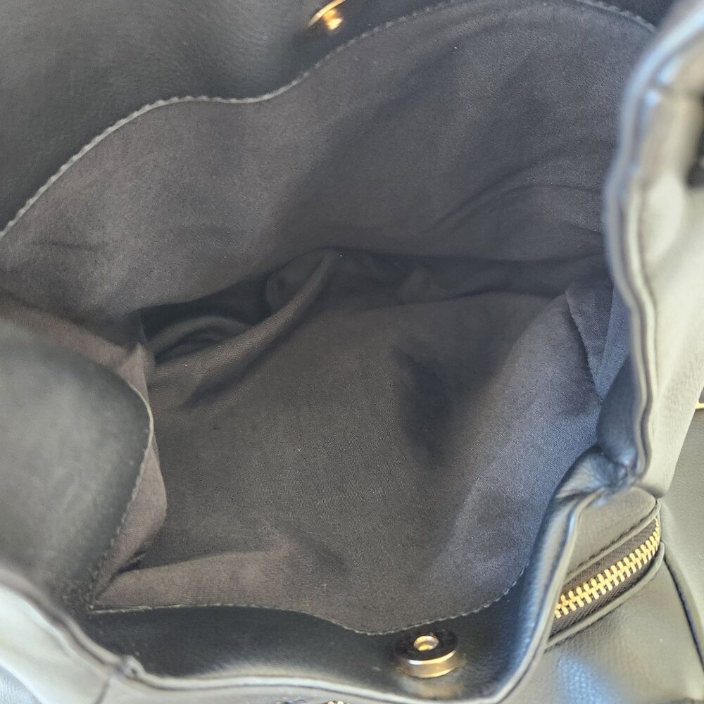 Bebe Black Faux Leather Bag Purse Large Gold Chains Glam Edgy Maximalism Loud - Picture 10 of 16